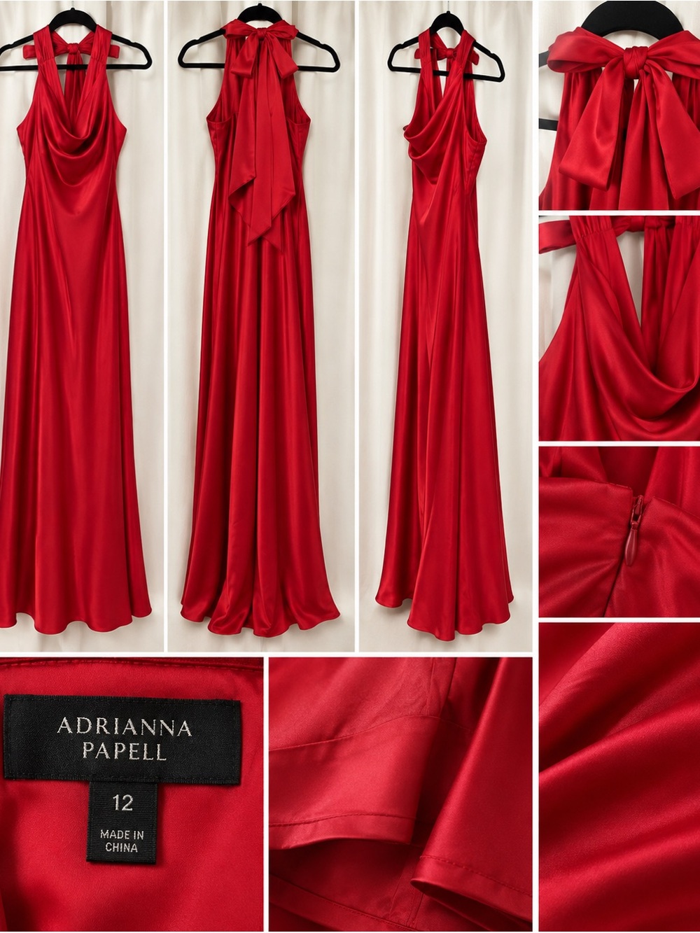 Adrianna Papell Red Satin Halter Bow-Back Evening Gown